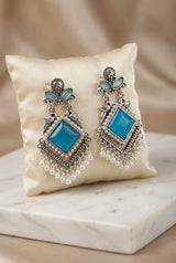 Sea Blue Oxidised Silver-Tone Pearl Drop Earrings With Teardrop Stone & Floral Motifs