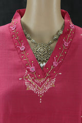 Pink Cotton 3-Piece Kurti Set with V-Neck Work, Elastic Pant & Chiffon Dupatta
