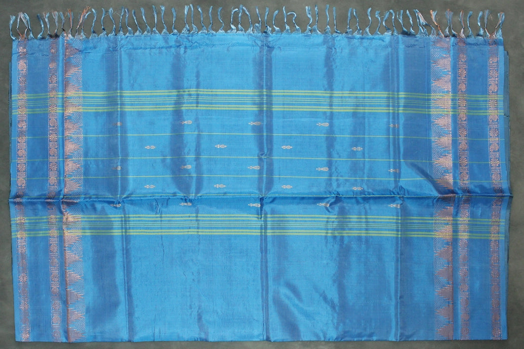 Blue Vaazhai Naar (Banana Pith) Saree with Zari Border and Small Buttas