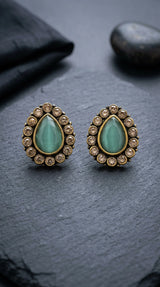 Mint Green Teardrop Stud Earrings with Champagne Crystal Halo, Gold-Tone Fashion Jewellery for Women