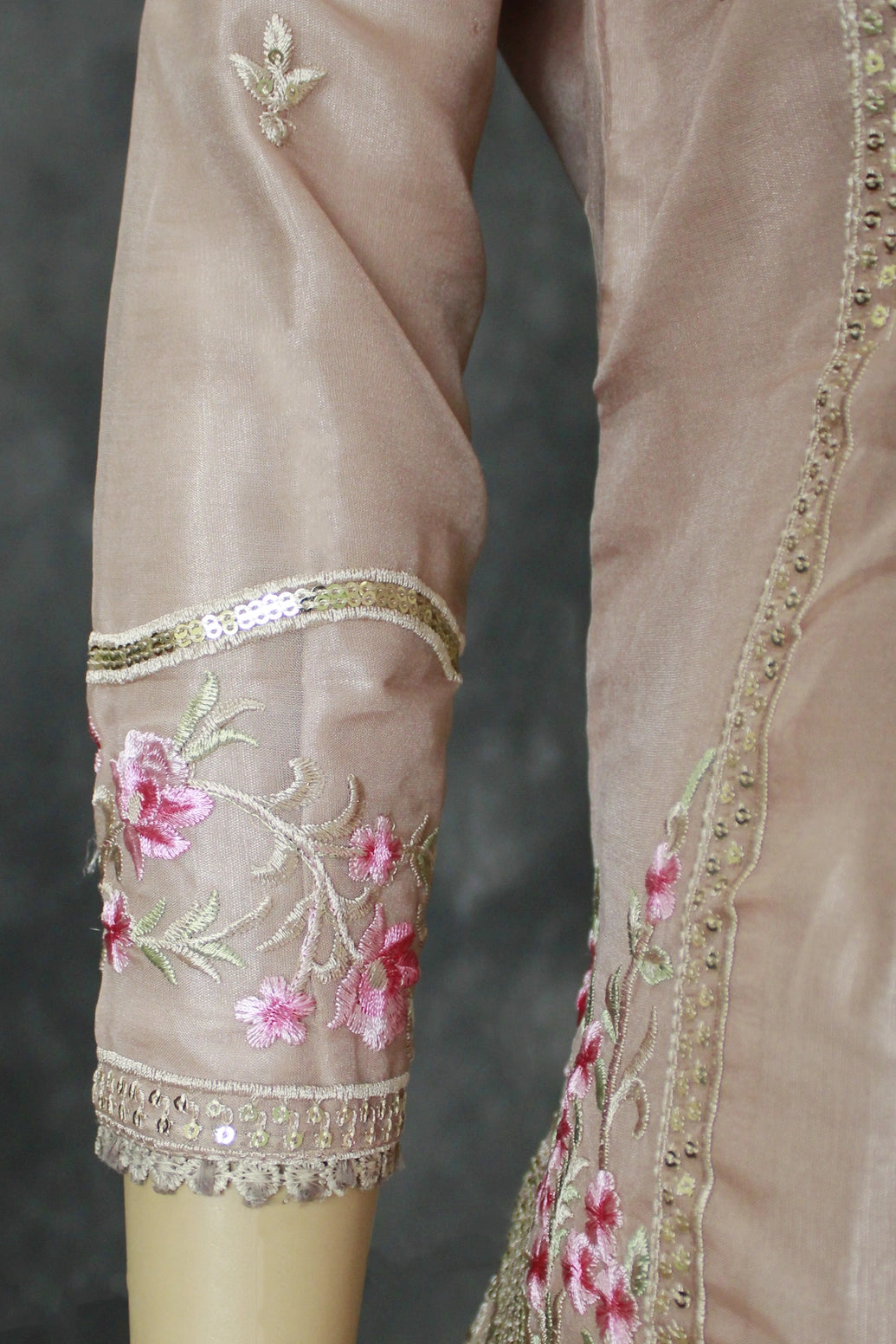 Peach Organza Khatli Work Kurti with Roman Silk Salwar and Border Dupatta – 3 Piece Salwar Set