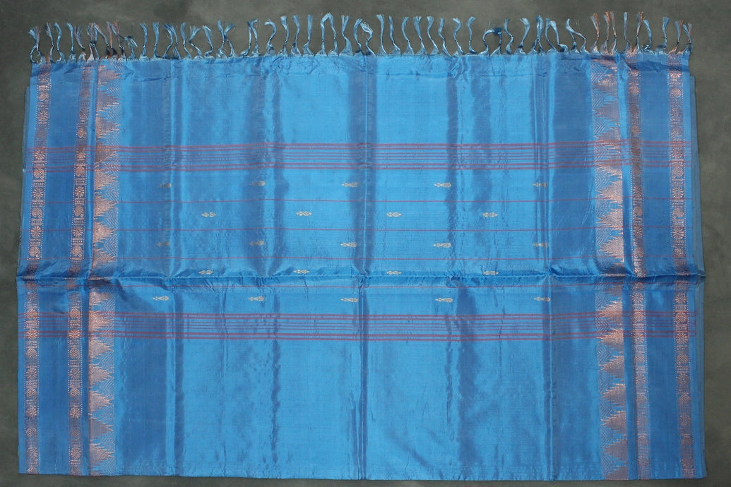 Blue Vaazhai Naar (Banana Pith) Saree with Copper Zari Border and Small Buttas