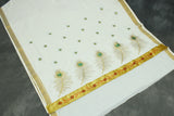 Pure Kerala Cotton White Saree with Gold-Tone Peacock Zari Embroidery and Blouse Piece