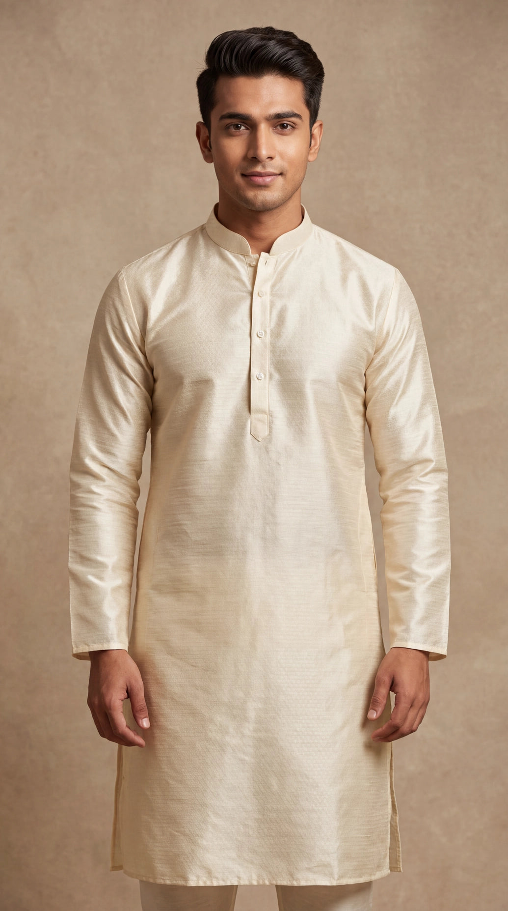 Men’s Cream Self-Textured Royal Look Kurta, Traditional Straight Fit for Festive Wear