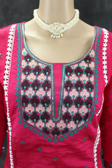 Roman Silk Pink Embroidered 3-Piece Salwar Suit with Organza Dupatta and Elastic Pants Kurti JCS Fashions