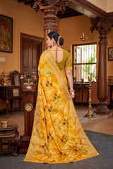 Yellow Chiffon Fancy Tie-Dye Saree with Star Motifs and Shimmer Striped Border with Blouse