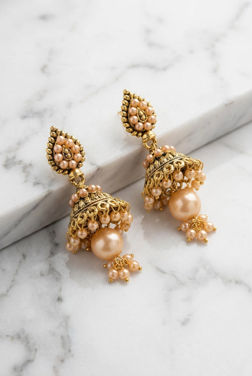 Peach Pearl Jhumka Earrings in Antique Gold Tone, Floral Stud with Hanging Beads for Traditional Wear