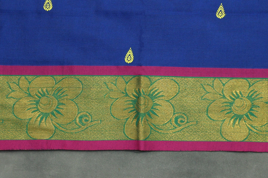 Royal Blue Poly Cotton Butta Saree with Gold Zari Floral Border, Striped Pallu - Traditional Indian Saree Saree JCS Fashions