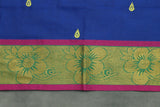 Royal Blue Poly Cotton Butta Saree with Gold Zari Floral Border, Striped Pallu - Traditional Indian Saree Saree JCS Fashions