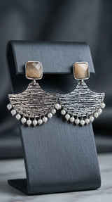 Cream Stone Silver-Tone Textured Teardrop Dangle Earrings with Pearl Drops for Festive Party Wear