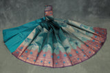 Dark Teal Kubera Pattu Silk Saree with Designer Border, Matching Blouse Piece