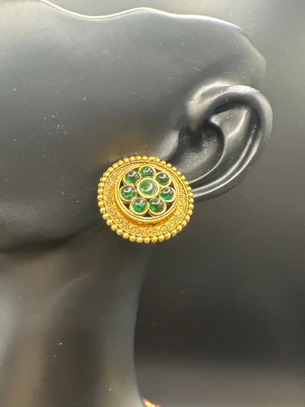 Traditional Gold-Tone Ethnic Necklace Set with Green Imitation Stones and Matching Stud Earrings, Lightweight with Adjustable Backing Jewelry JCS Fashions