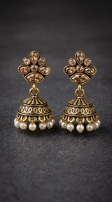 Antique Gold-Tone Floral Jhumka Earrings with Pearl Bead Danglers for Traditional Festive Wear