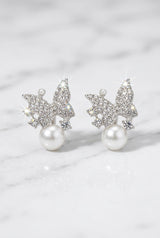 White Stone Butterfly Stud Earrings with Round Pearl Drop, Silver-Tone Fashion Jewellery for Women