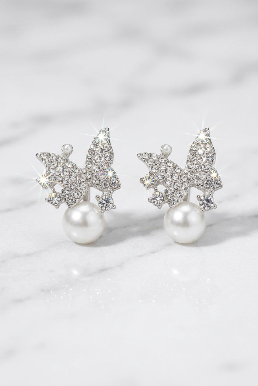 White Stone Butterfly Stud Earrings with Round Pearl Drop, Silver-Tone Fashion Jewellery for Women
