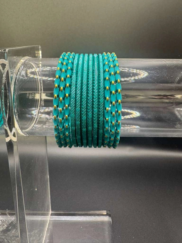 Kids Light Blue Beaded Metal Bangles Set of 24, Traditional Ethnic Wear for Girls
