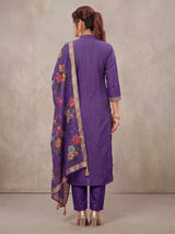 Purple Roman Silk 3-Piece Kurti Set with Embroidery, Elastic Pant & Digital Jacquard Dupatta