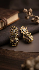 Grey Antique Gold-Tone Floral Stud Jhumka Earrings with Champagne Crystal Petal Design