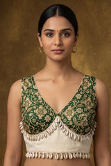 Designer Navratri Readymade Sleeveless Blouse with Kalamkari Floral Print & Cowrie Shell Border