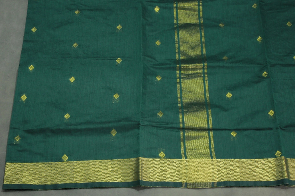 Green Silk Cotton Saree with Zari Border, Small Motif Pattern and Matching Blouse