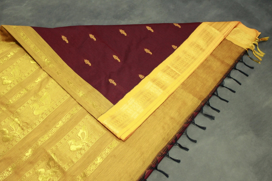Maroon Kalyani Cotton Saree with Puttaput Design and Zari Border with Blouse