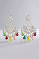 Multi Color Silver-Tone Floral Stud Moon Hoop Earrings with Bead Danglers for Women