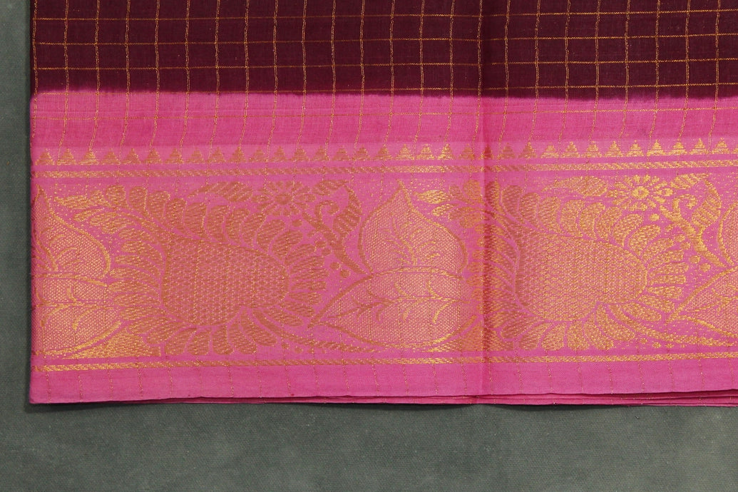 Purple Sungudi Cotton Checked Saree with Pink Peacock Gold Zari Double Border - Unstitched Blouse Included Saree JCS Fashions
