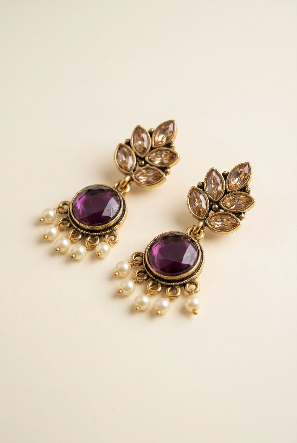 Purple Gold-Tone Crystal Leaf Drop Earrings with Pearl Beads, 2 Inch Ethnic Party Wear