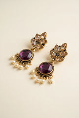 Purple Gold-Tone Crystal Leaf Drop Earrings with Pearl Beads, 2 Inch Ethnic Party Wear