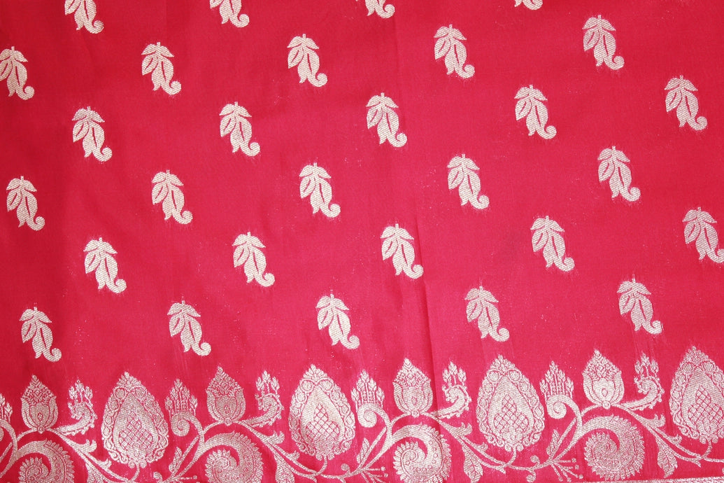 Pink Banarasi Soft Silk Saree with Zari Floral & Mango Motifs Border and Tassels