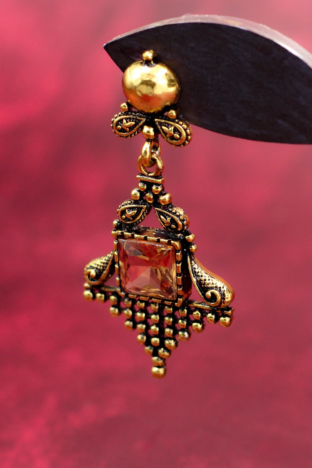 Antique Gold-Tone Dangling Earrings with Square Amber Stone - 2.4 inch Ethnic Jhumka Style Jewelry JCS Fashions