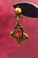 Antique Gold-Tone Dangling Earrings with Square Amber Stone - 2.4 inch Ethnic Jhumka Style Jewelry JCS Fashions