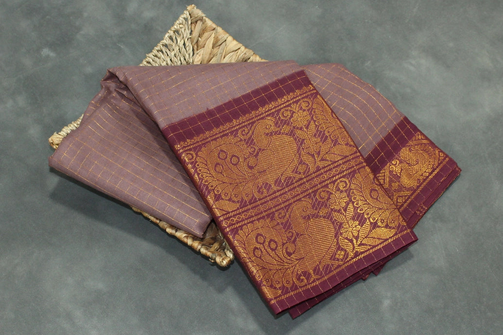 Chocolate Brown Sungudi Cotton Saree with Checked Body and Rich Peacock Gold Zari Double Border - Traditional Festive Wear
