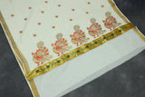 Pure Kerala Cotton White Saree with Gold Zari Peacock Embroidery and Blouse Piece