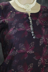 Purple Cotton Floral Kurti Set - 2 Piece Kurta with Elastic Pants