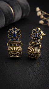 Navy Blue Antique Gold-Tone Floral Jhumka Earrings with Champagne Crystal Stones for Traditional Festive Wear