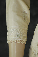 Sandal Roman Silk 3-Piece Kurti Set with Organza Work Top, Elastic Pant & Embroidered Dupatta