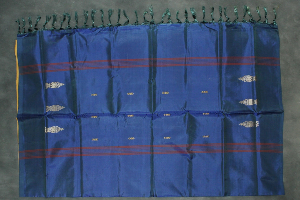 Banana Pith Vaazhai Naar Saree - Yellow Body with Peacock Blue Pallu and Small Butta Motifs