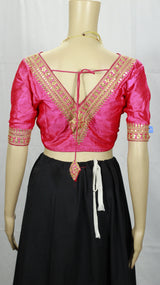 Pink Readymade Designer Padded Blouse with V-Neck Gold Zari & Sequin Work, Elbow Sleeves, Back Knot
