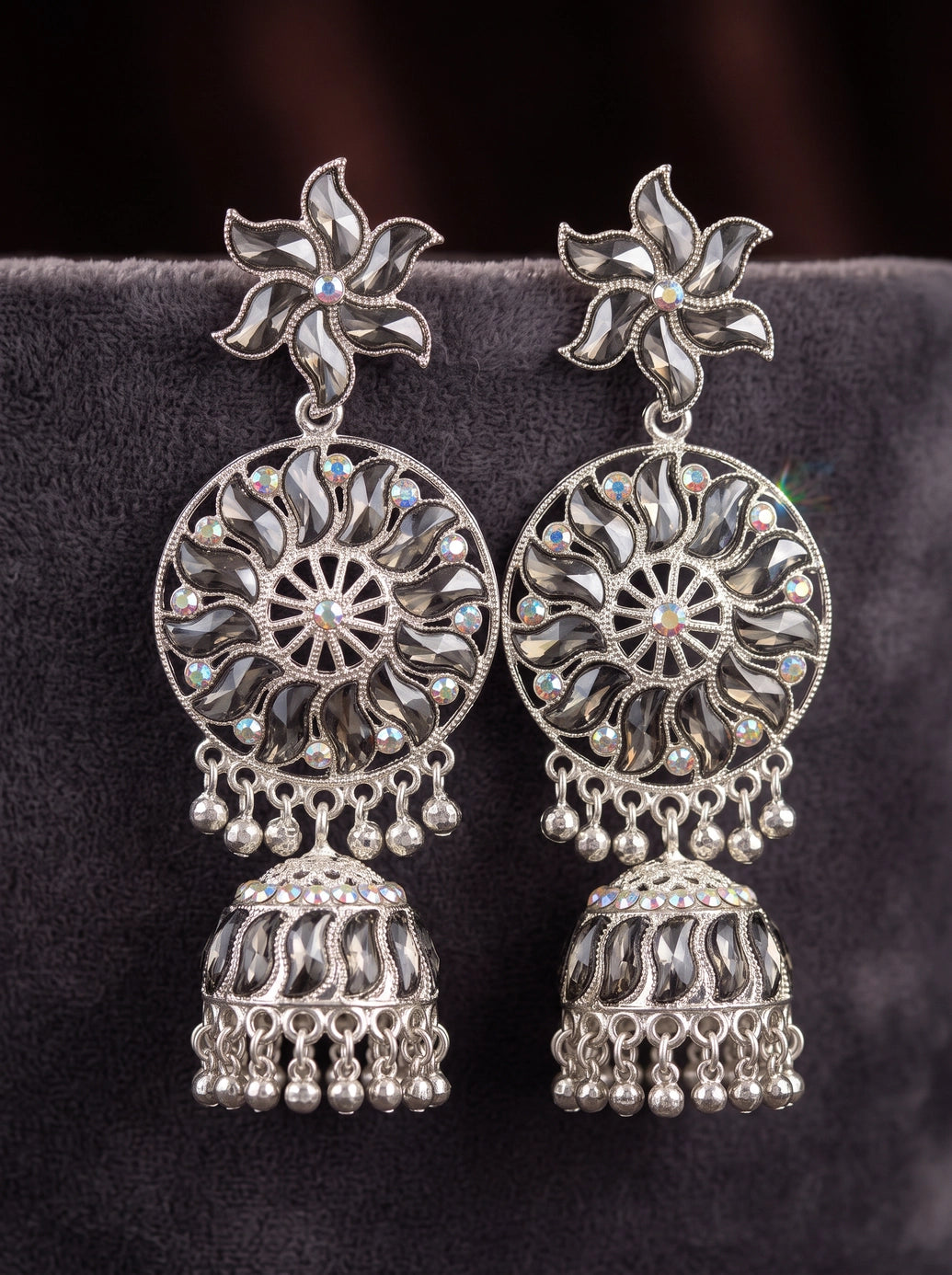 Antique Black Silver Jhumka Earrings with Floral Stud, Filigree Circle and Hanging Beads for Festive Wear