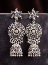 Antique Black Silver Jhumka Earrings with Floral Stud, Filigree Circle and Hanging Beads for Festive Wear