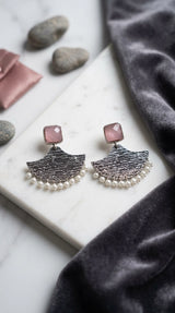 Pink Square Stone Silver-Tone Textured Triangular Chandbali Style Earrings with Pearl Drops for Festive Party Wear