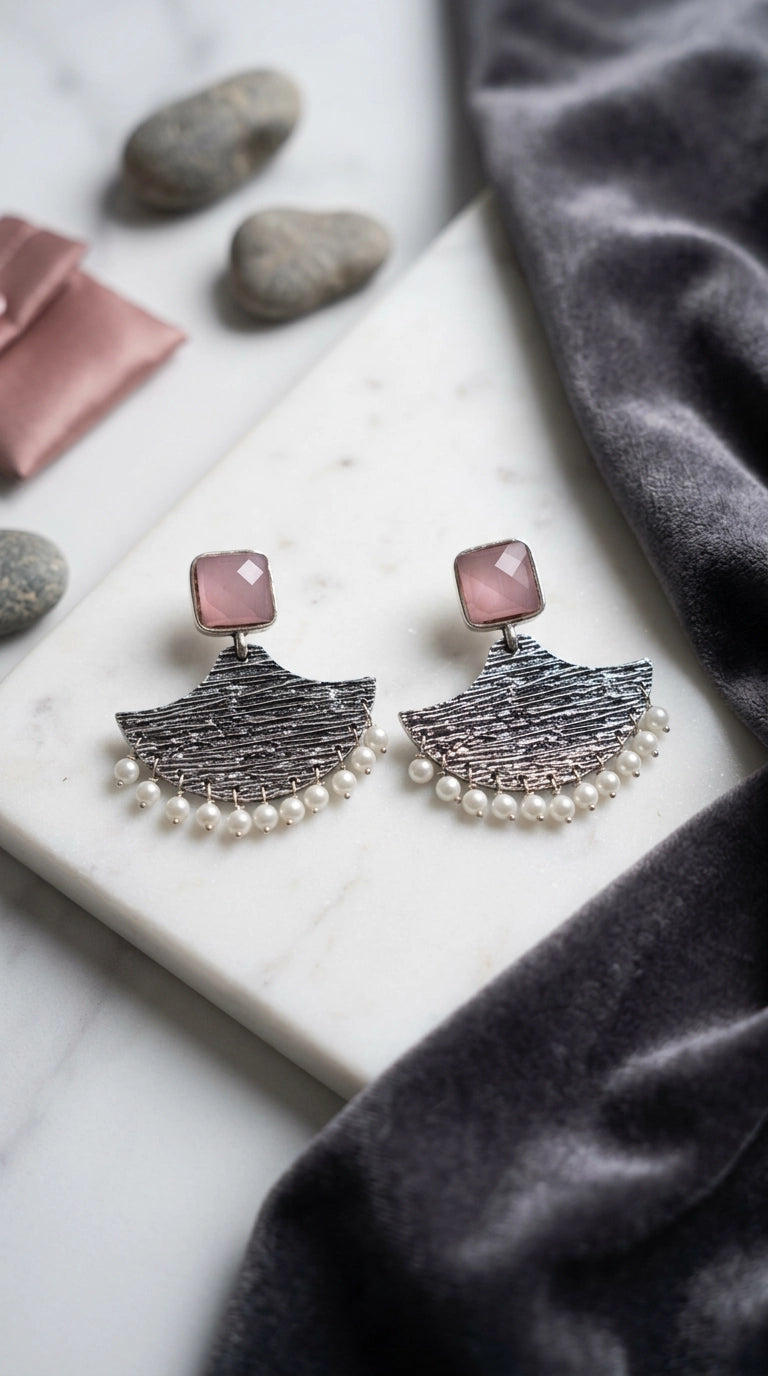 Pink Square Stone Silver-Tone Textured Triangular Chandbali Style Earrings with Pearl Drops for Festive Party Wear