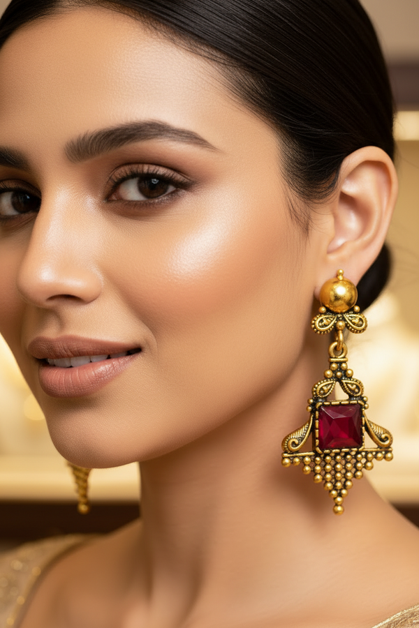 Maroon Stone Antique Gold-Tone Dangling Earrings - Ornate Square Centre, Traditional Jhumki Style, 2.4 inch