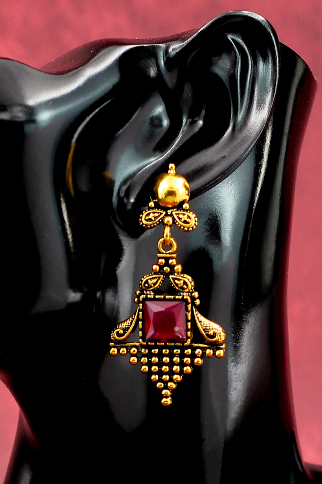 Maroon Stone Antique Gold-Tone Dangling Earrings - Ornate Square Centre, Traditional Jhumki Style, 2.4 inch Jewelry JCS Fashions