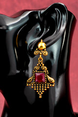 Maroon Stone Antique Gold-Tone Dangling Earrings - Ornate Square Centre, Traditional Jhumki Style, 2.4 inch Jewelry JCS Fashions