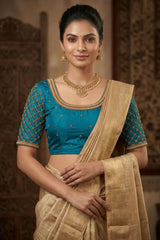 Blue Heavy Aari Work Blouse - With Latkan - AI Model Photo 2