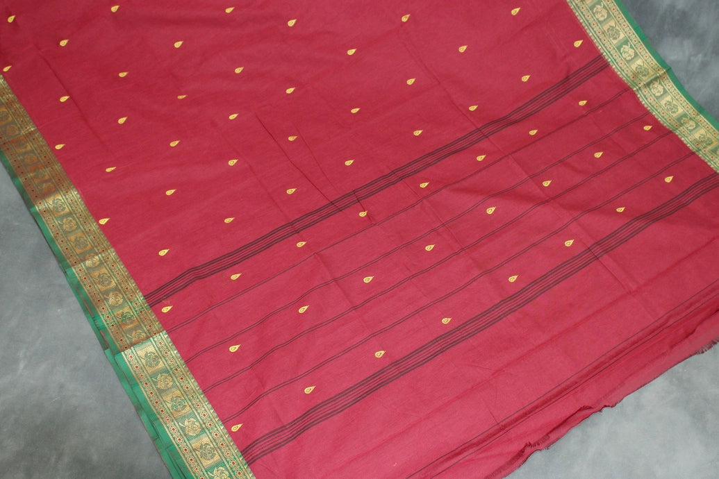 Red Poly Cotton Butta Saree with Green-Gold Thread Border - Traditional Indian Saree Saree JCS Fashions