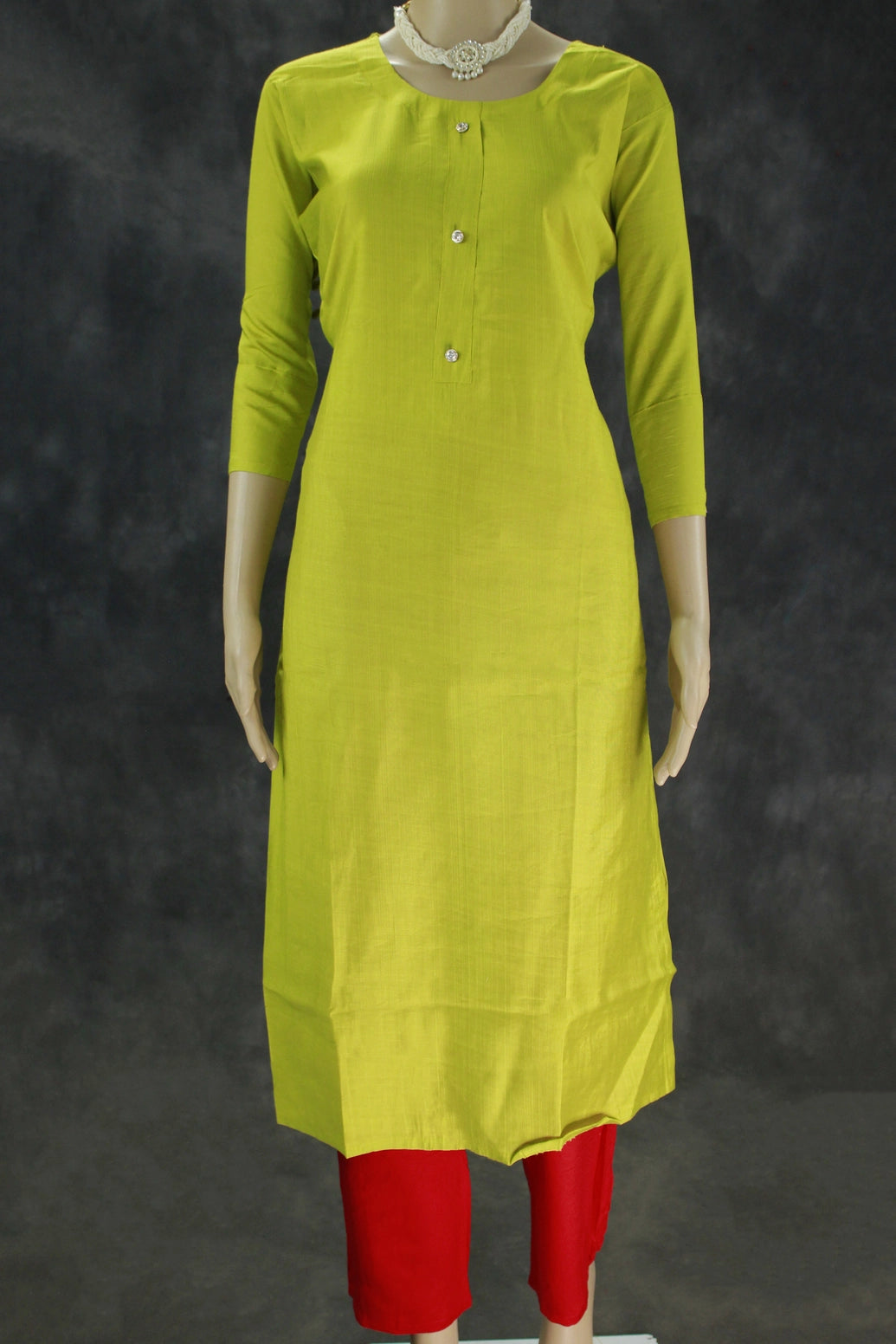 Lime Green Cotton Kurta Pant Set - Straight Cut Kurti with Three-Quarter Sleeves and Red Elastic Waist Pants - 2-Piece