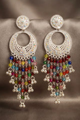 Silver-Tone Multicolor Beaded Jhumka Earrings with Moon Design and Sparkling Stud Tops